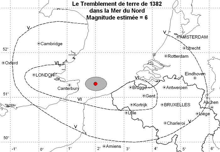 Carte macrosismique indiquant l'extension des zones d'intensité V (séisme fortement ressenti) et VI (dégâts légers) lors du tremblement de terre du 21 mai 1382.