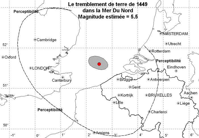 Carte indiquant l'aire de perceptibilité du séisme du 23 avril 1449.